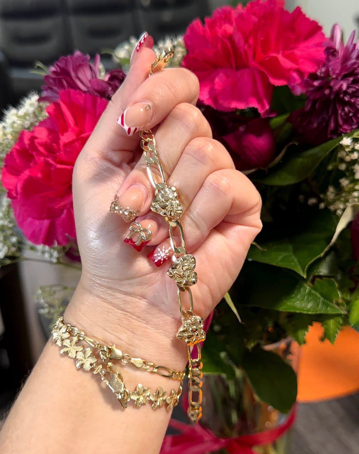 3 Heart Nugget Figaro Bracelet